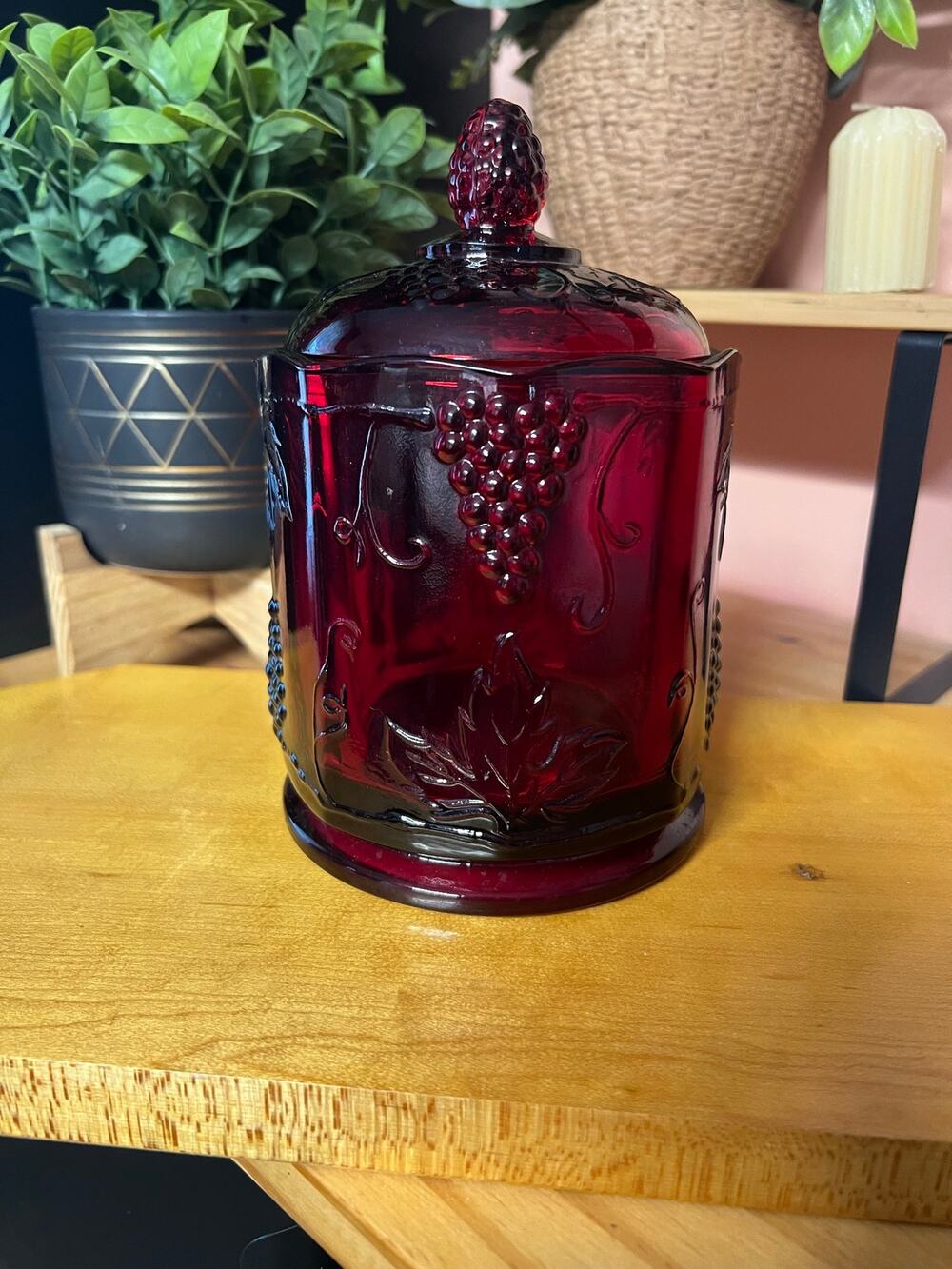 Vintage Indiana Glass Ruby Red Harvest Grape Lidded Canister
